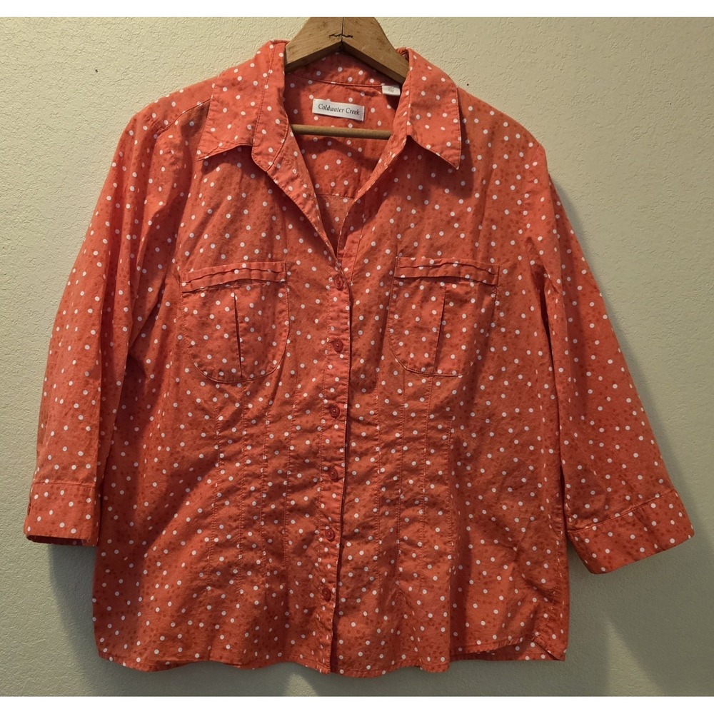 Coldwater‎ Creek Womens PXL (18) Polka Dot Button Down Top Blouse Coral White